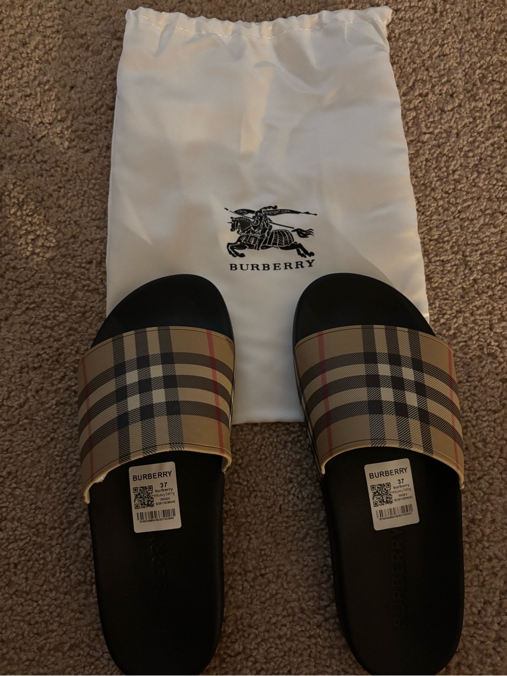 Burberry Tan Vintage Check Slide Sandals with Black Footbed